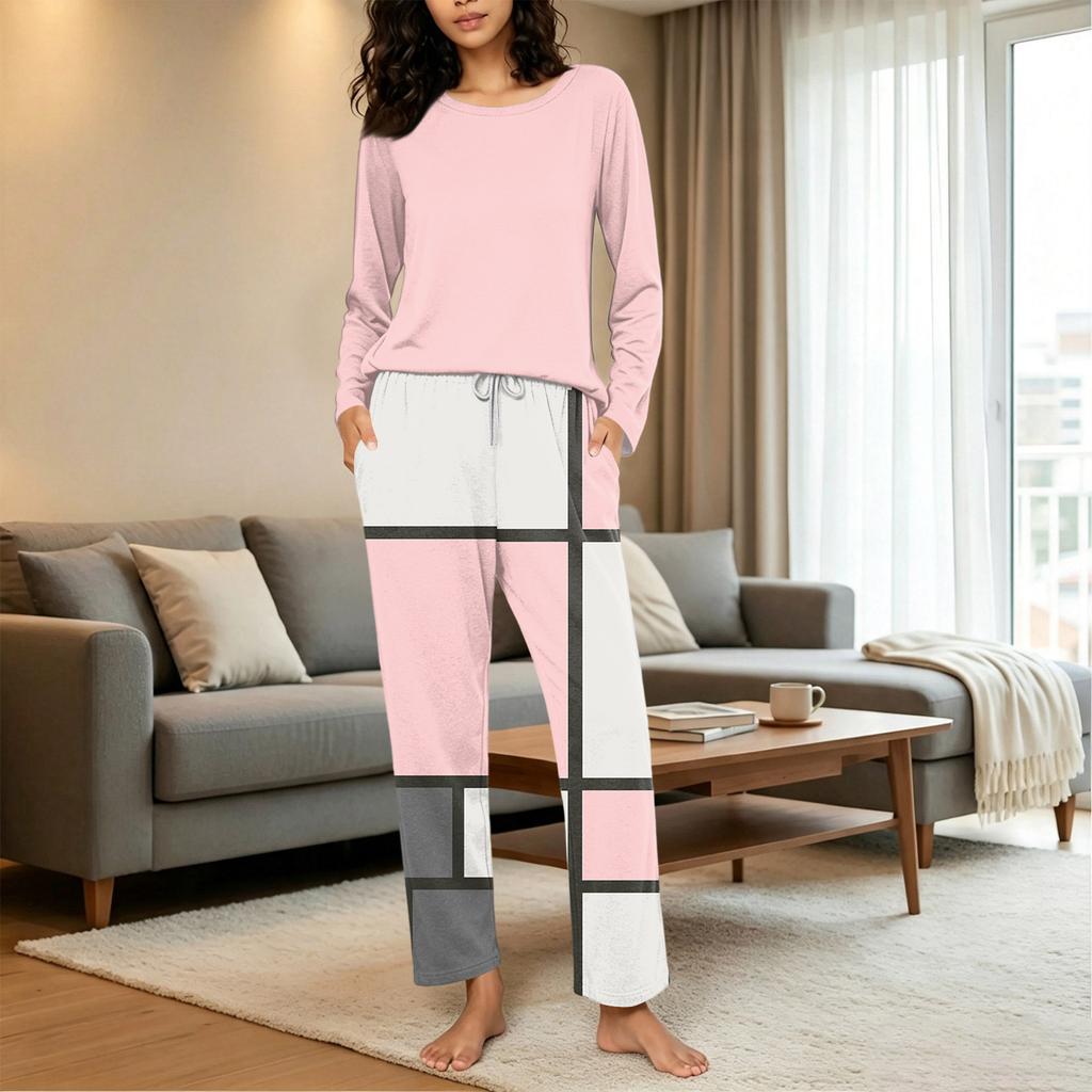 Women's Loose Fit Printed Pajama Set with Round Neck for Casual Sleepwear