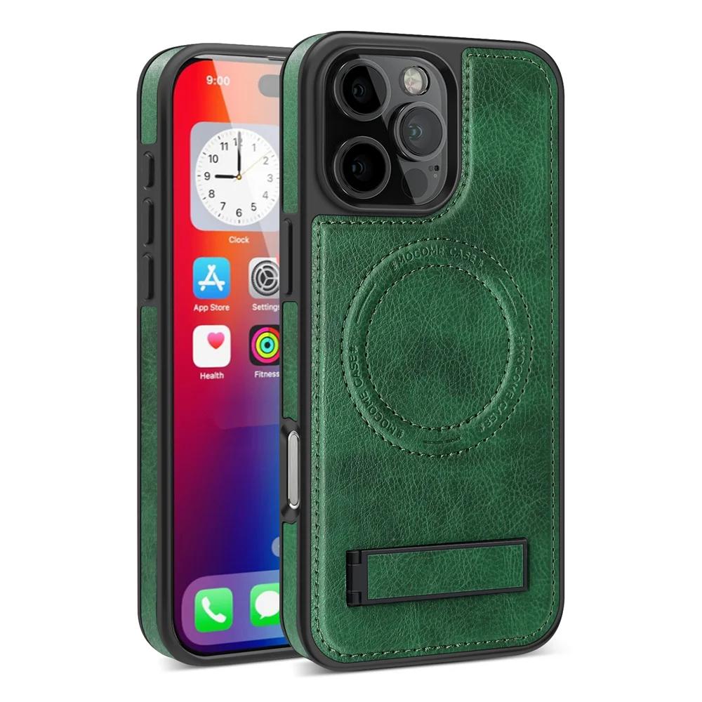 Fashion Leather for Magsafe Phone Case for iPhone 16 Pro Max 15 14 13 12 11 With Stand Bracket Strong Magnetic Shockproof Cover