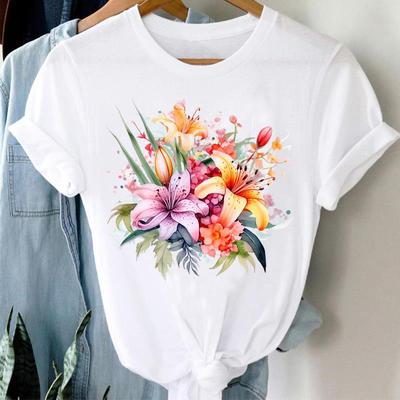 (Asian Size) Lovely Flower Floral Trend Clothing Casual Flower Women Tee Top Fashion Short Sleeve T Shirt Print Lady Female Graphic T-shirts