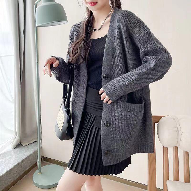 Autumn and Winter New Temperament Commuting Simple and Versatile Knitted Cardigan Women Loose Lazy Wind Outside Sweater Jacket