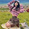Women's Retro Color Block Striped Butterfly Knit Sweater, Round Neck, Short & Loose Fit for Spring/Autumn.