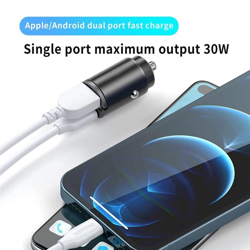 200W Metal Alloy Mini Car Charger Car USB Charger Super Fast Charging Dual Ports USB-A USB-C Hidden Phone Car Charger Adapter
