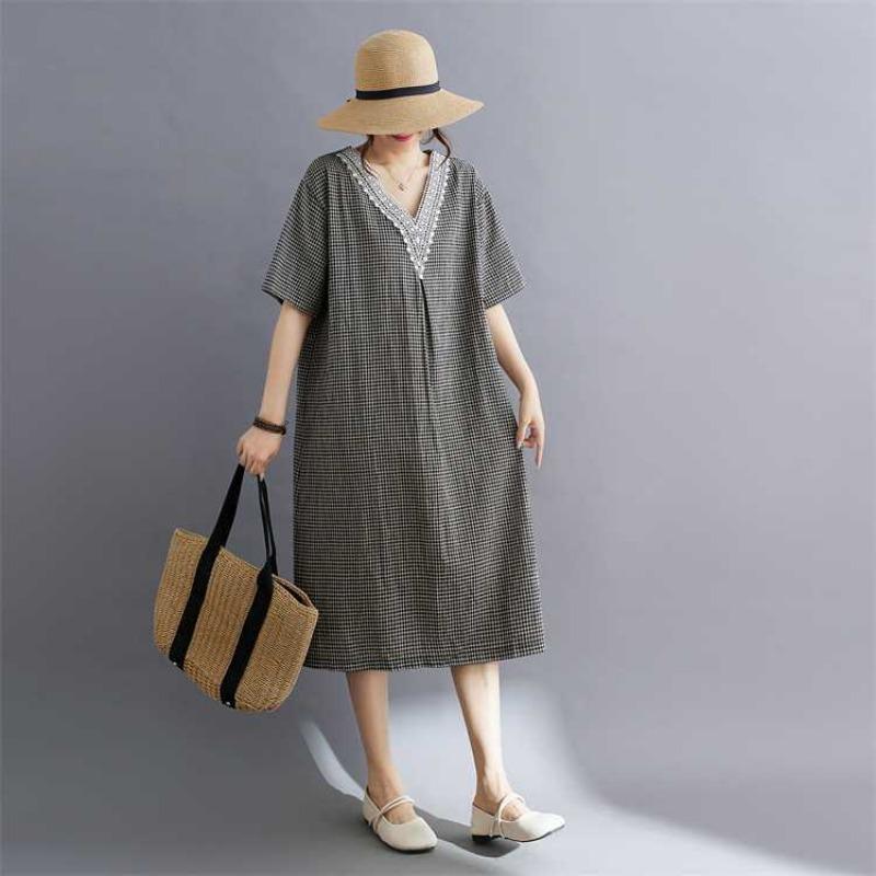 Summer Retro Cotton Linen Lace Cotton Linen Plaid Dress