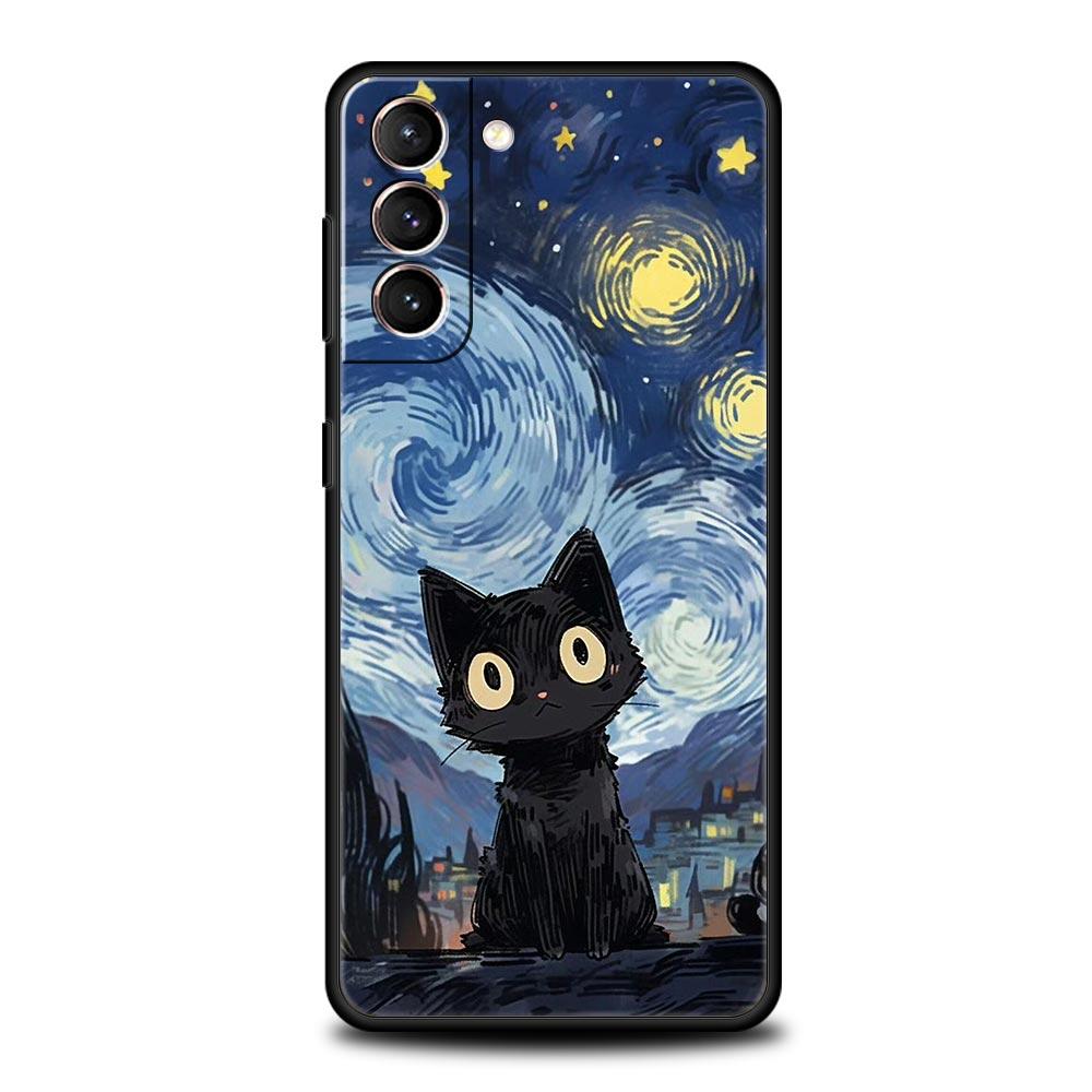 Artistic Black Cat Starry Night Phone Case For Samsung Galaxy S25 Edge S24 Plus S23 FE S22 S21 S20 Ultra 5G S10 Protect Cover