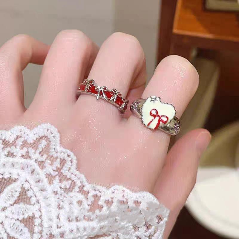 Red French Cute Girlish Bow Love Niche Design Alloy Ring Women'S Light Luxury High-End Sense