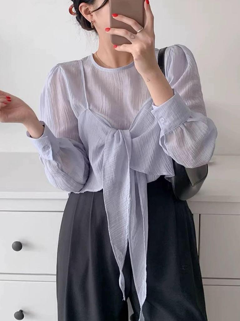 Ribbon Tie Bustier Blouse Set 5COLOR