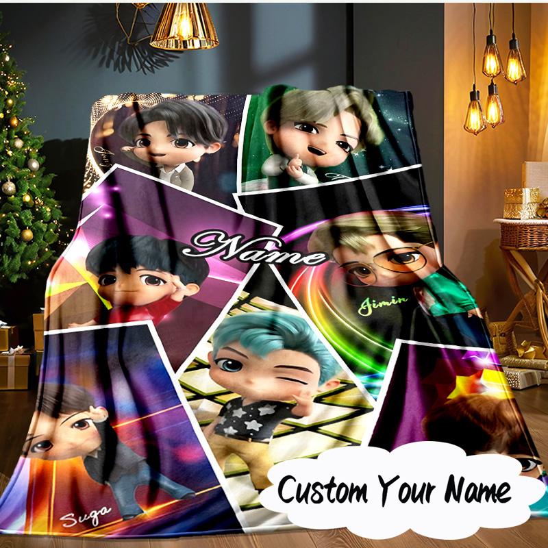 Custom Name Colorful Cartoon K-pop Characters Blanket  Ideal Bedding Blanket Perfect for Travel, Camping, Living Rooms,Sofas, Fan Christmas gift