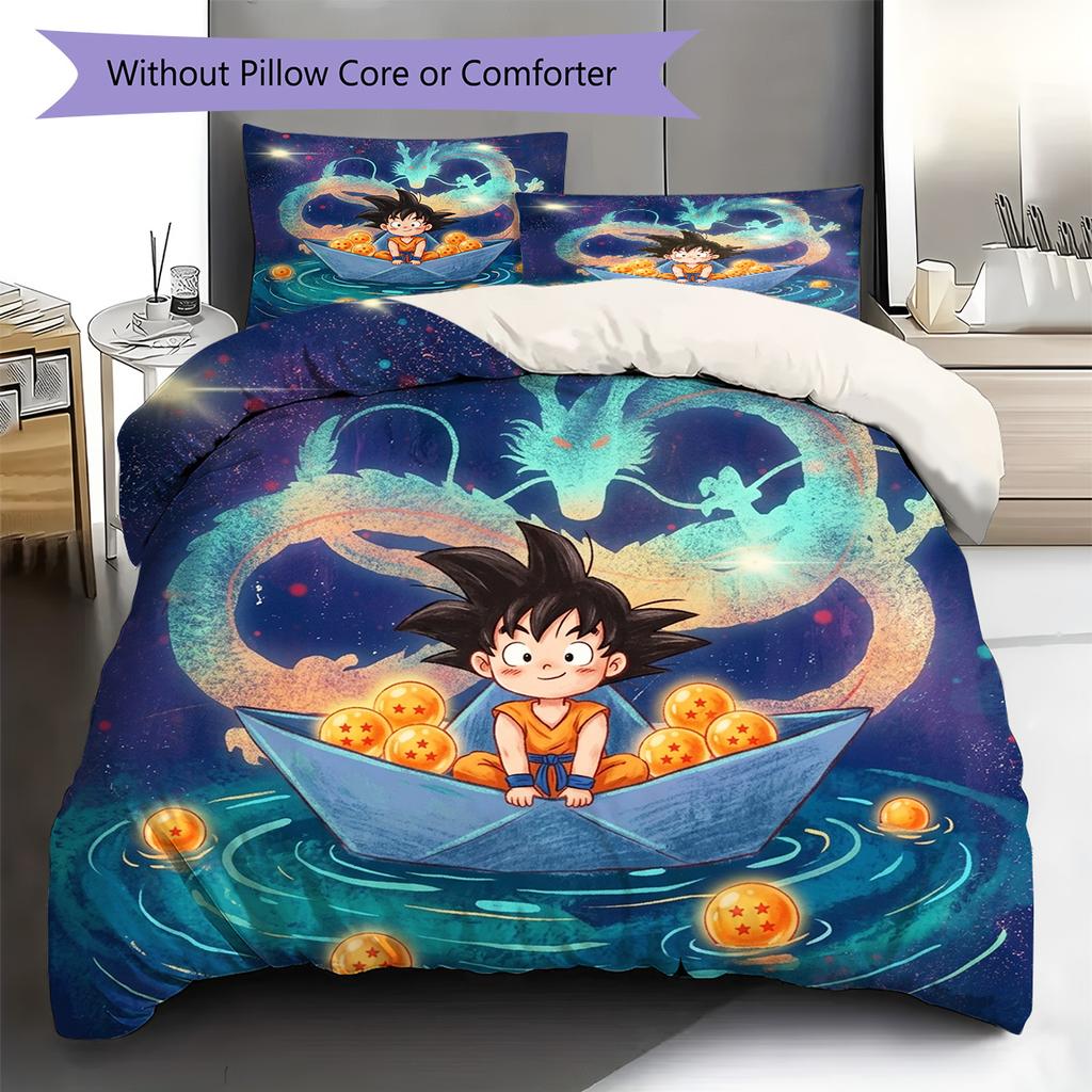 Dragon Ball Goku Pattern Bedding Quilt Set Quilt Cover Pillowcase Home Decoration Birthday Gift (1 * Duvet Cover + 2 * Pillowcase, Without Core)