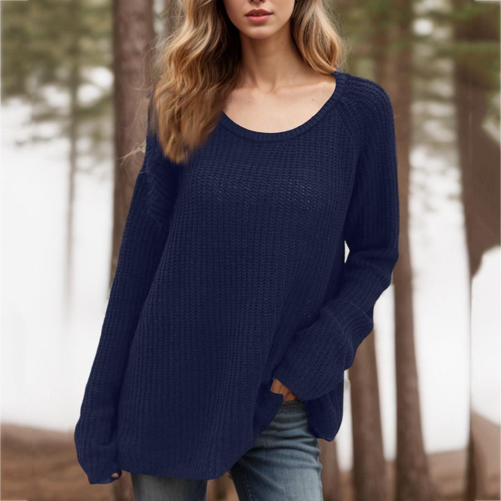Women's Fashion Loose Lazy Style Round Neck Solid Color Long Sleeve Knitted Sweater