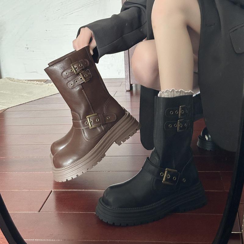 Martin boots women's autumn and winter new thick heel belt buckle round head thick sole retro western cowboy boots locomotive boots