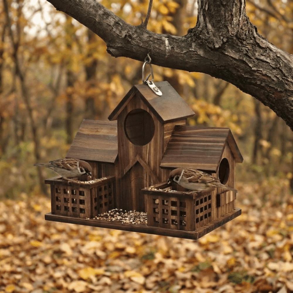 Waterproof Wooden Bird House Rustic Style Multiple Holes Bird Nesting Box Durable Hanging Bird Feeder Outdoor Garden