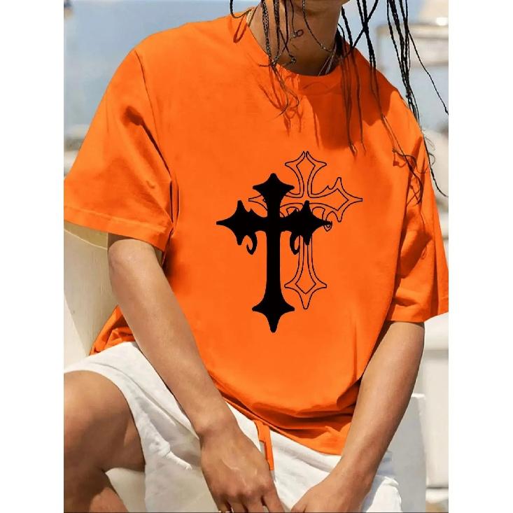 Men's Cross Printed Tee Multiple Color O-neck Short Sleeve T-shirt Clothes for Man