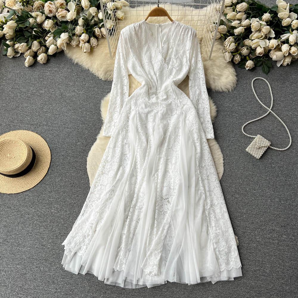 

Женское французское нежное элегантное платье с кружевом и сетчатыми вставками, летне-осеннее, с длинным рукавом, для выпускного вечера, вечернее, для дня рождения One Size