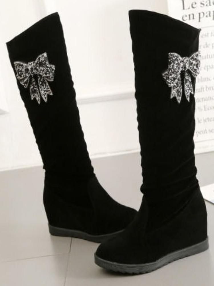 Fashion Black Bow Rhinestone Elegant Heeled Half High Boots for Women Autumn Winter Mid Calf Shoes Woman 2025 Goth Gyaru Footwear Sale