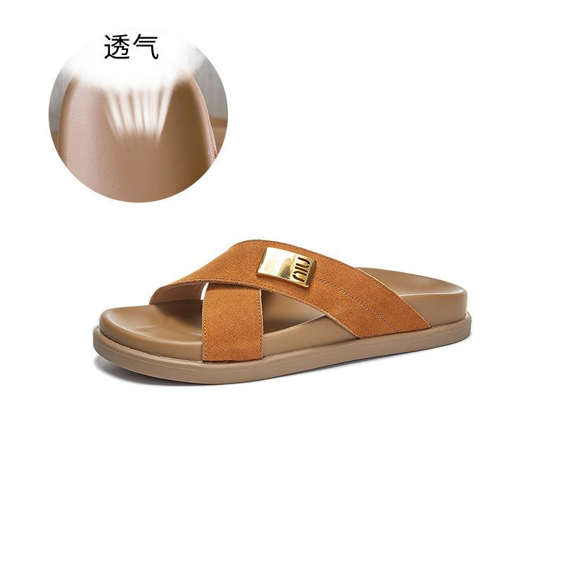 Leather slippers women's 2025 summer new retro fashion outer wear sandals casual versatile half-drag women's flat women's shoes