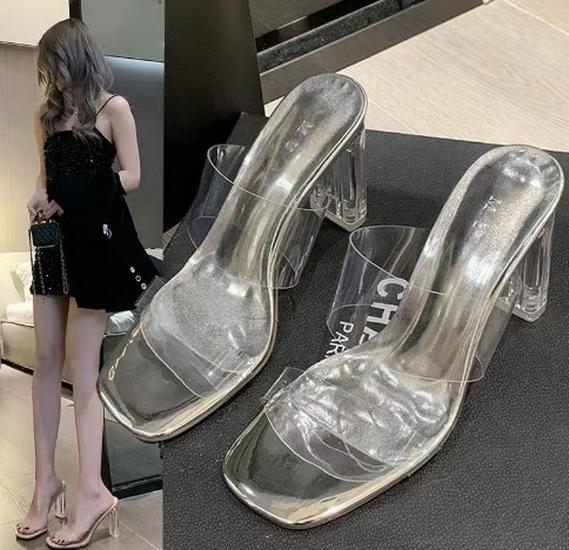 

Жіночі кришталеві шльопанці на товстому підборі: Прозорі літні сандалі для вулиці, колекція 2020 року. 39