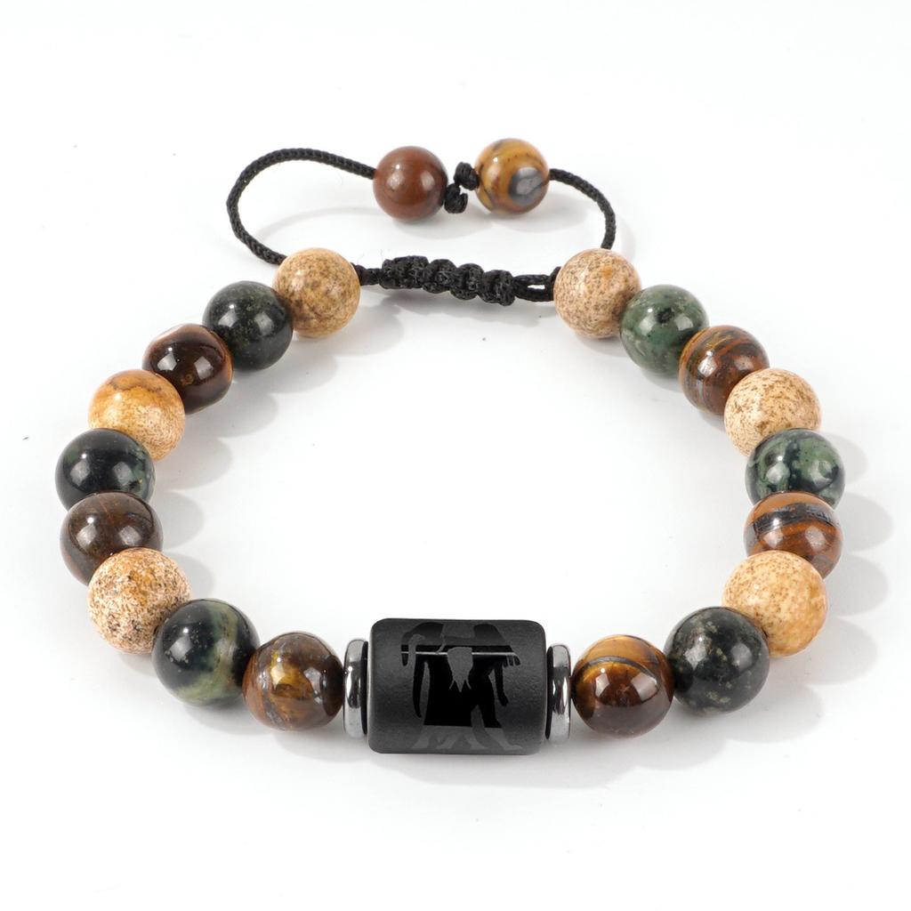 Vintage Zodiac Bracelet for Men 8mm Natural Black Onyx Tiger Eye Stone Star Sign Constellation Friendship Prayer Blessing Bracelet Gifts