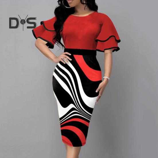 Women O Neck Layer Flared Sleeve Bodycon Dress Irregular Geometric Printing Hip Wrapped Office Lady Work Dress Workwear