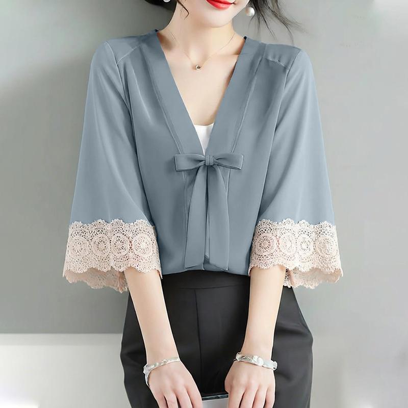 ZANZEA Bluză casual de damă cu decolteu în V, cu inserții de dantelă și mâneci 3/4