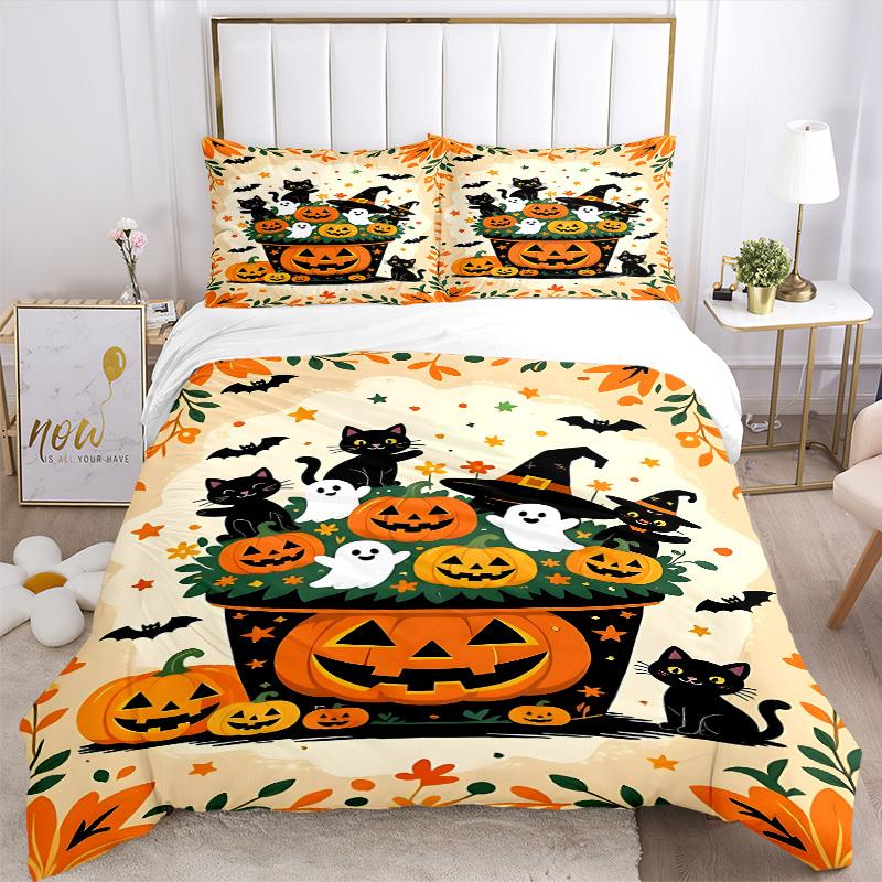 3pcs Halloween Decorations Bedding Set - 1 Duvet Cover + 2 Pillowcases(Core Not Included), Machine Washable Polyester yy251216131