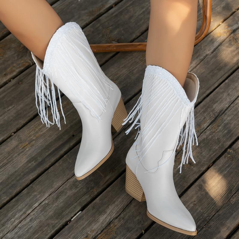 Fashion New Pointed Toe Versatile Block Heel No Knee Mid-Tube Tassel Boots for Women