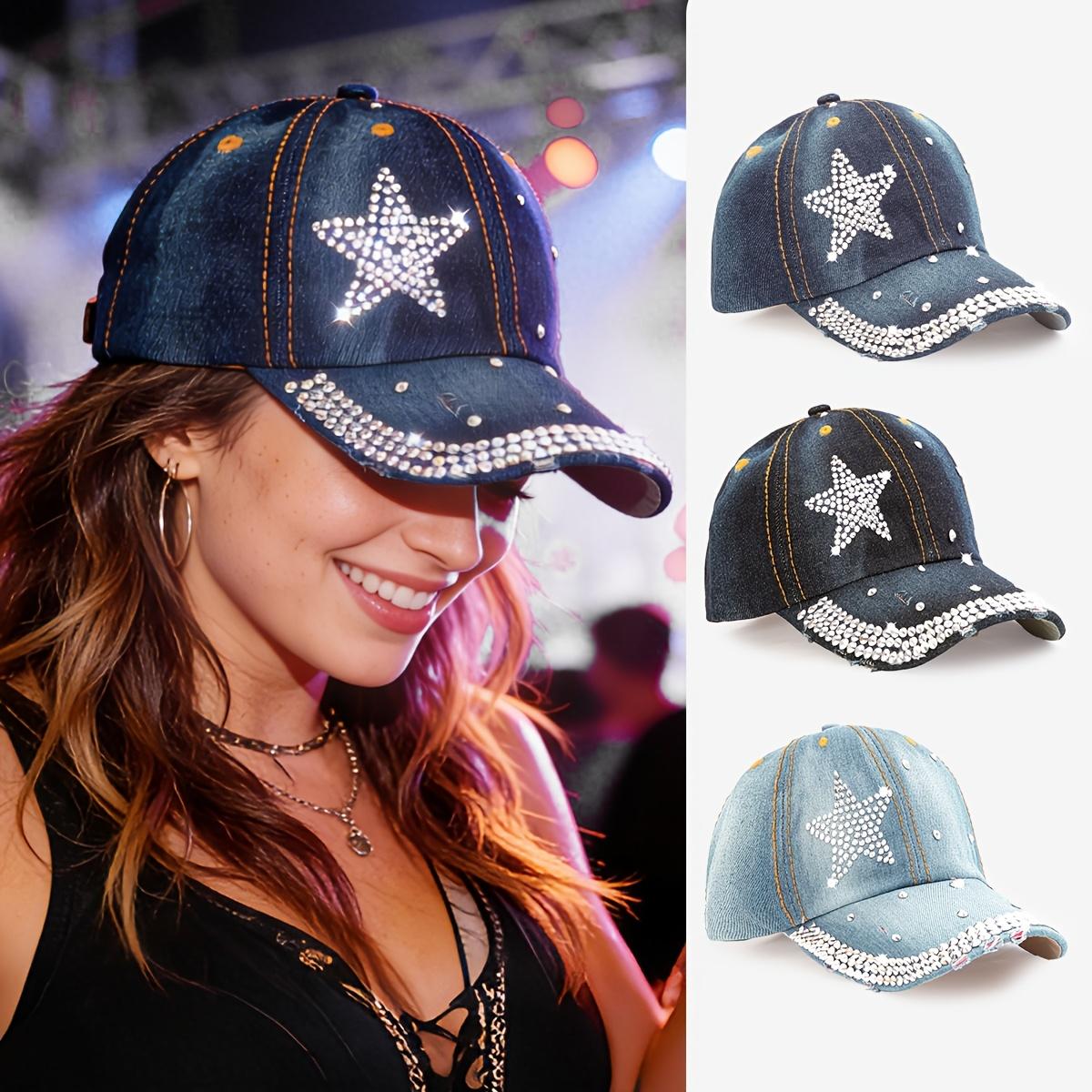 Freedom Outdoors Women's Light Blue Washed Distressed Baseball Cap With Sparkly Rhinestone And Star Decorations Outdoor Sun Hat