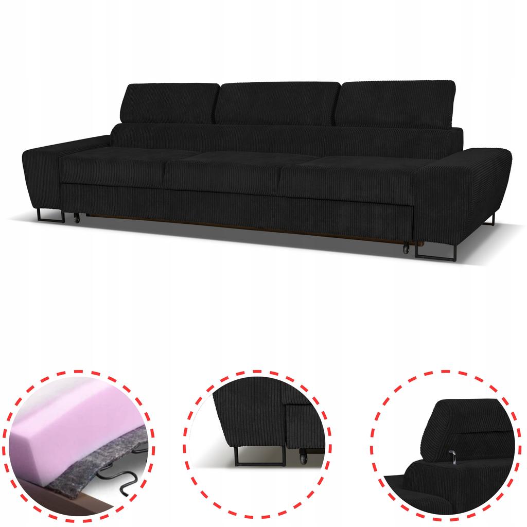 Sofa kanapa 3 os rozkładana z f. spania Savio Family meble czarny sztruks