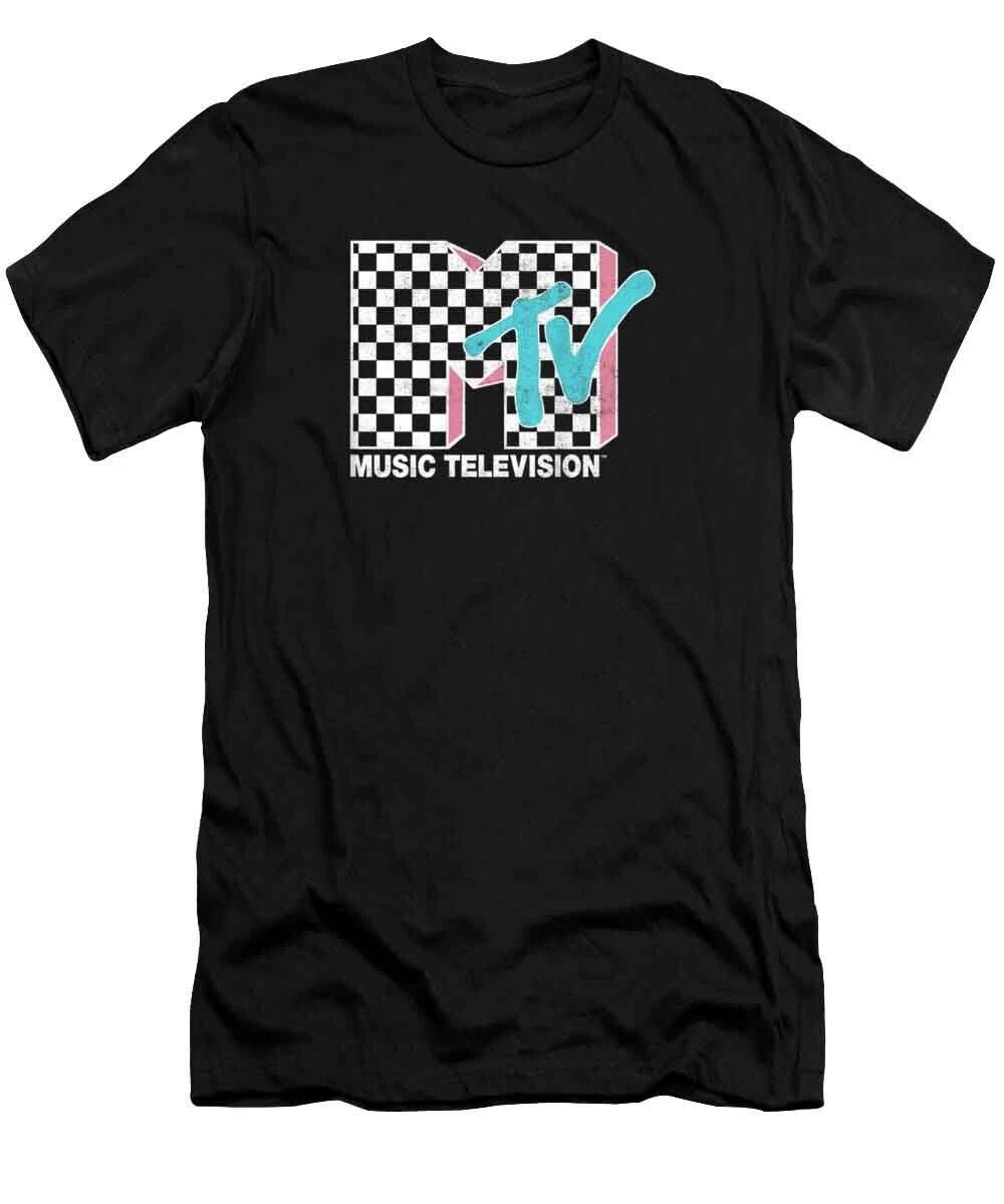 MTV Neon 80 s Distressed Checkered Cotton T -Shirt XL M
