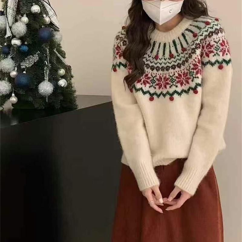 

Женский вязаный пуловер свободного кроя с круглым вырезом, осенне-зимний, в стиле ретро, с жаккардовым узором «Фэр-Айл», дизайнерская женская одежда, ручная работа One size бежевый