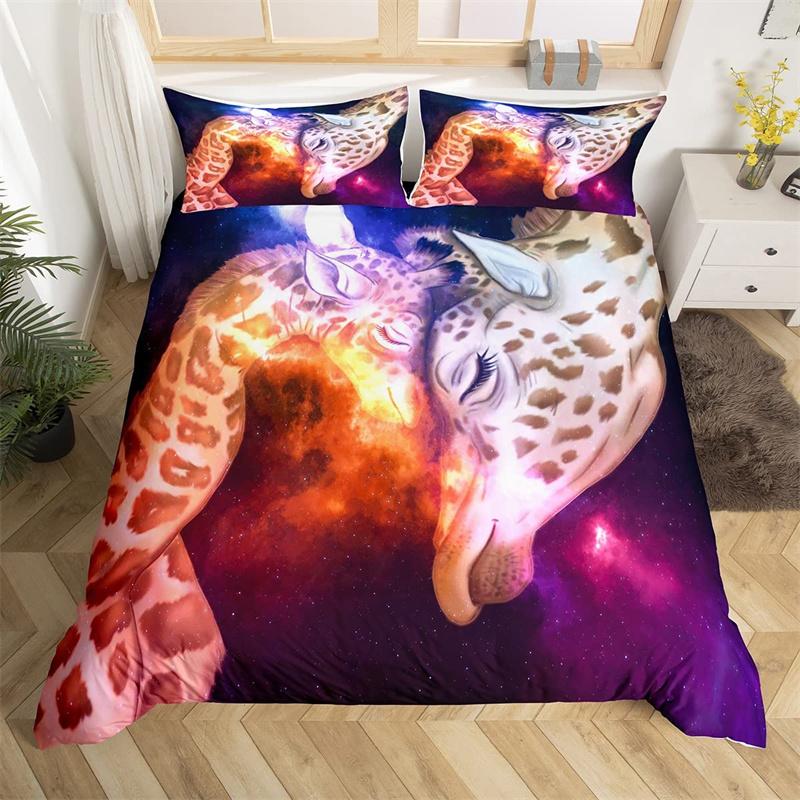 Raccoon Bedding Set Cute Cartoon Animal Duvet Cover Set Universe Galaxy Comforter Cover Polyester Red Starry Sky Bedspread Cover