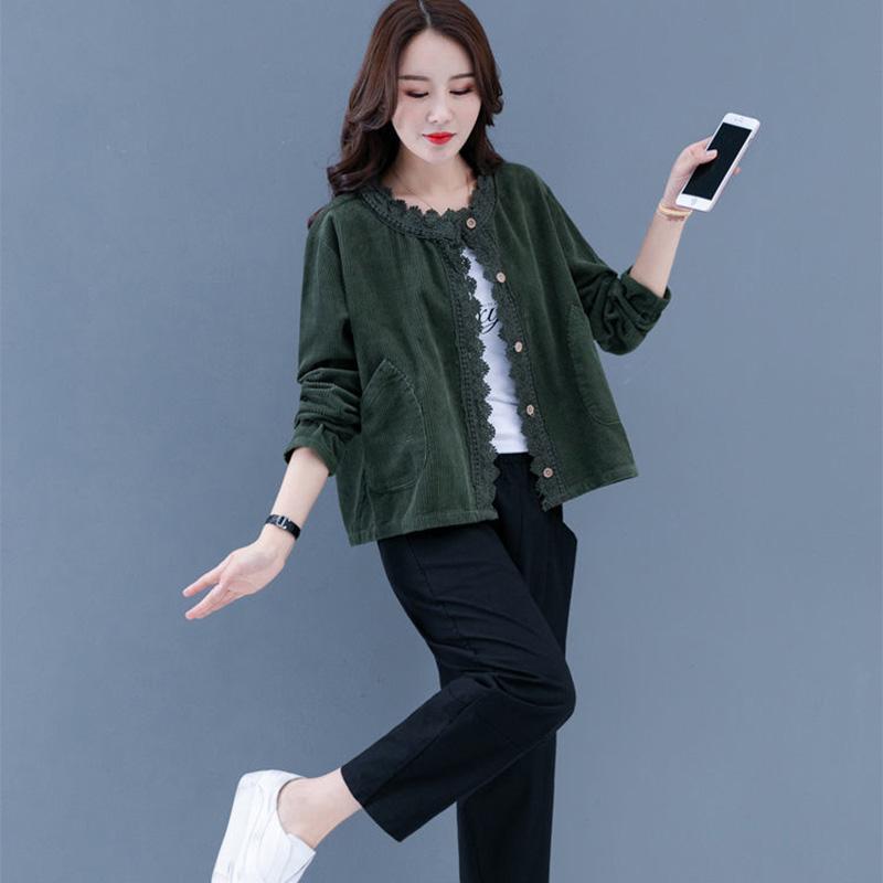 Veste courte en velours côtelé et dentelle pour femme, ample, grande taille, couleur unie, rétro, décontractée, printemps et automne