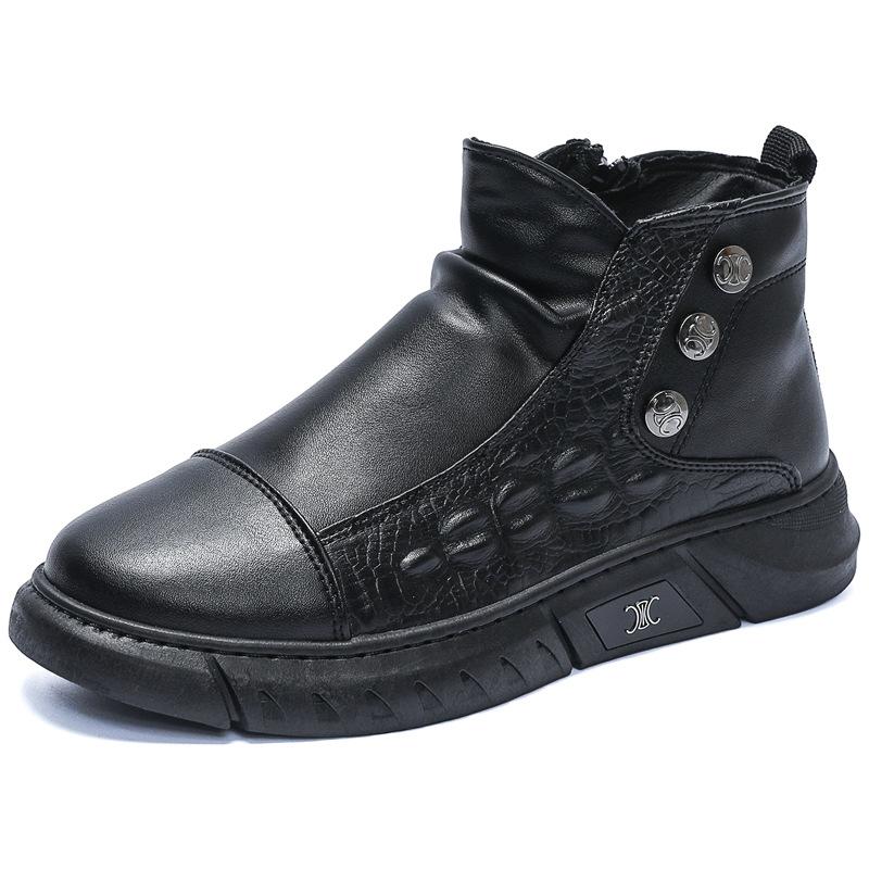 High-top autumn 22 new British style crocodile pattern leather boots sports casual black trendy shoes