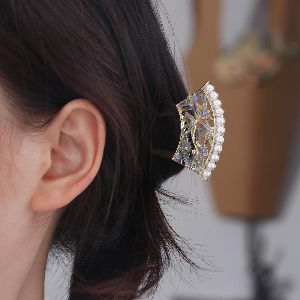 Hollow Hanfu U Shape Hairpin Pearl Fan Hair Stick Retro   Cheongsam Accessories