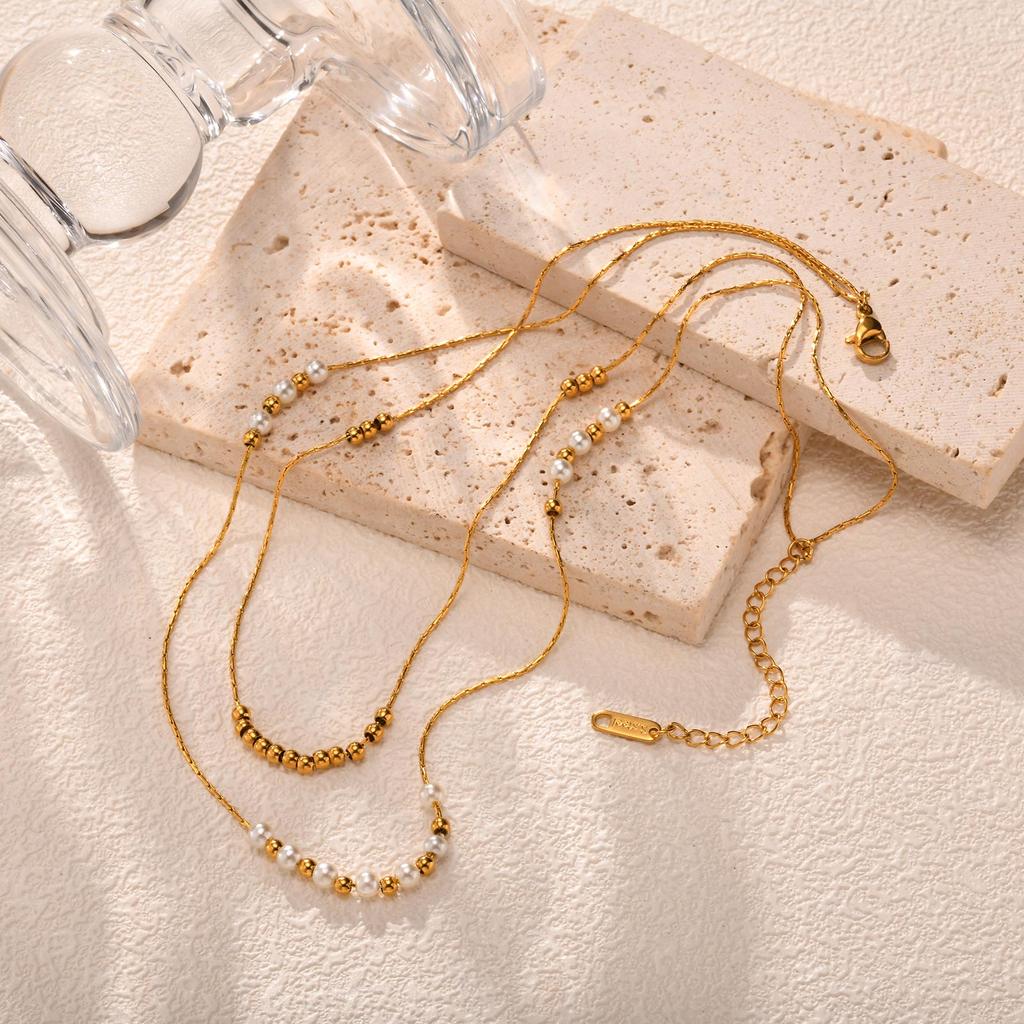 Trend Elegant Imitation Pearl Bead Double Layer Stacking Necklace for Women Stainless Steel Hammer Chain Necklace Jewelry Gift