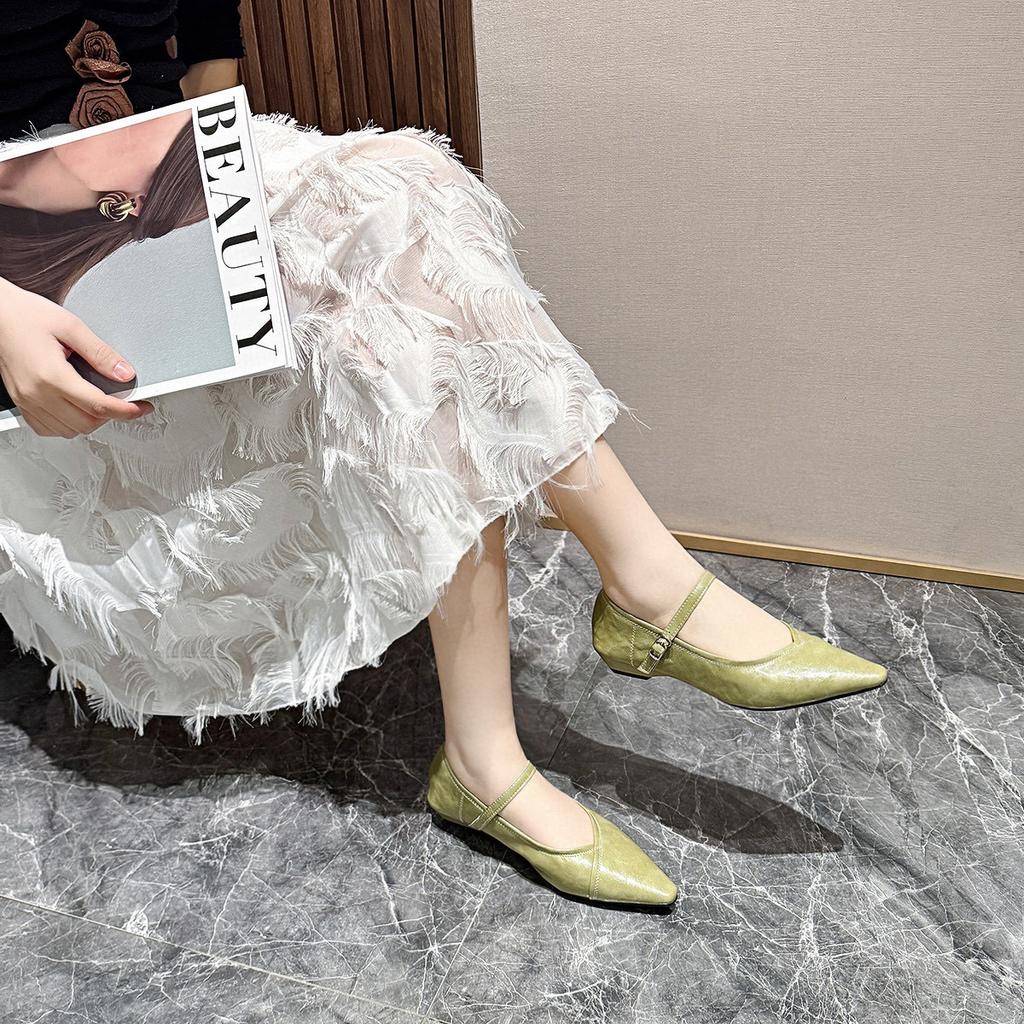 Pointed Mary Jane Shoes Spring Low Heel Light Mouth One-word Button Candy Color Flat Shoes Sheepskin Women's Single Shoes