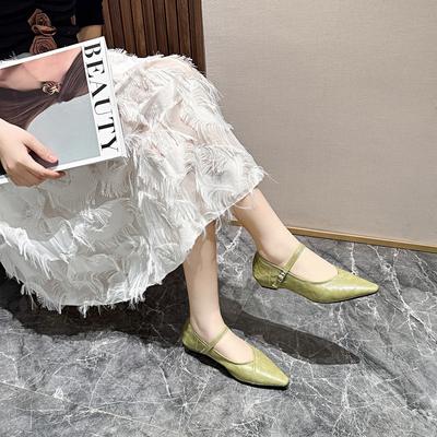 Spitze Mary Jane Schuhe Frühling Niedriger Absatz Leichte Öffnung Ein-Wort-Knopf Bonbonfarbe Ballerinas Schafsleder Damen Einzelschuhe