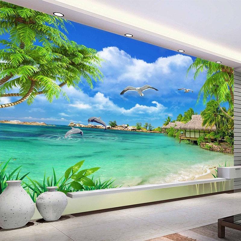 Kokosnussbaum-Küstenlandschaft-Natur-Tapete-Wohnzimmer-Thema-Hotel-Strand-3D-Wandbild
