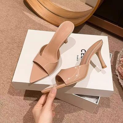 Pantofole estive da donna 2025 nuove in vernice con tacco alto, punta sottile, da indossare, taglie grandi