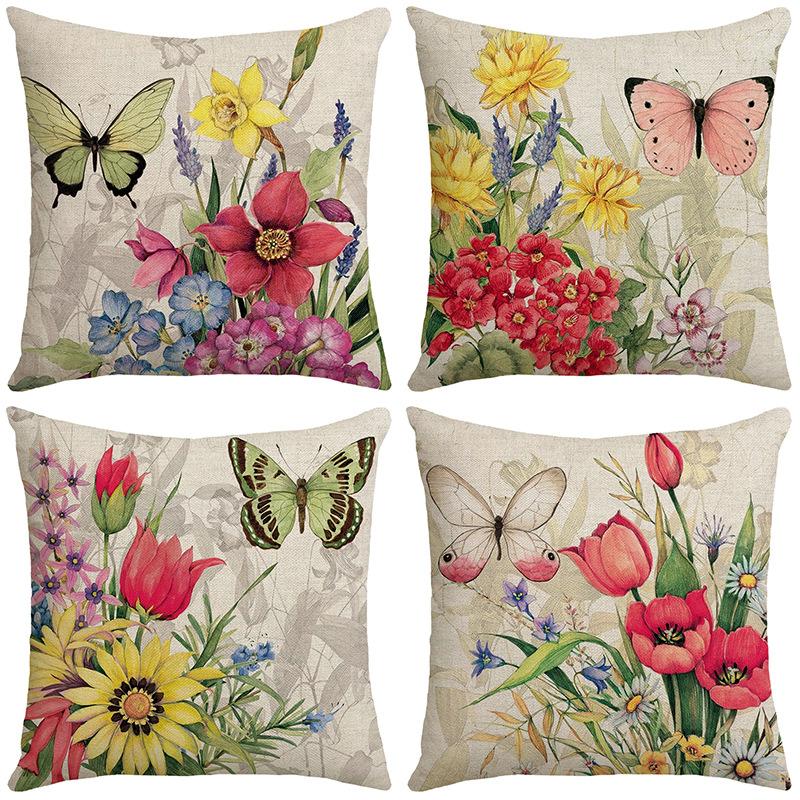 Spring and Summer Flowers and Butterflies Country Print Car Cushion Bedside Cushion Linen Pillow Case