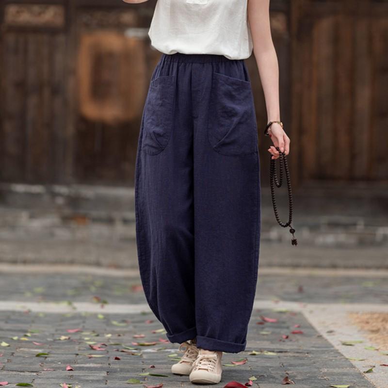 Johnature Women Vintage Harem Pants Solid Color Patchwork Pockets Trousers Elastic Waist Loose Pants