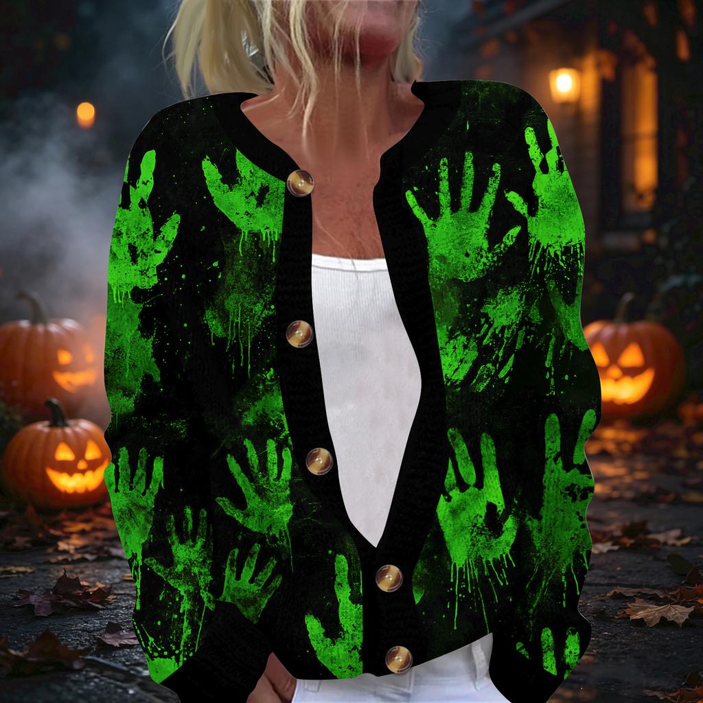 Women's Halloween Print Long Sleeve Knit Cardigan Button Front Sweater for Fall Outfits