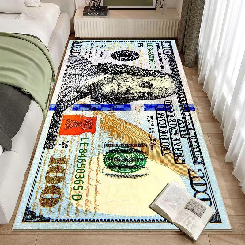 VIKAMA 100 Yuan Banknote Langer Teppich, Waschbar, Rutschfest, Nachttischmatte, Schlafzimmer- und Wohnzimmerteppich, Heimdekoration