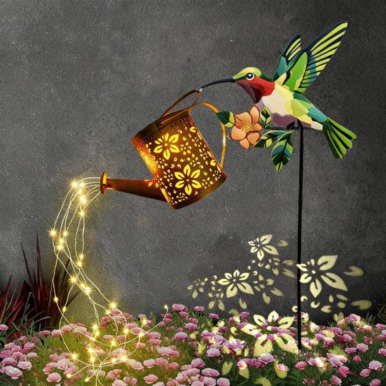 Solar Watering Can Garden Light Metal Hollow-Out Hummingbird Decorative Light Outdoor Spike Lamp for Lawn Pathway
