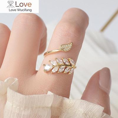 Leaf Wheat Ear Exquisite Copper Inlaid Zircon 14K Real Gold Plating Ring Opening Adjustable Index Finger Ring Fashion Jewelry