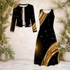 Women Plus Size Black Gold Printed Round Neck Long Sleeve Cropped Cardigan Two Piece Dress Set