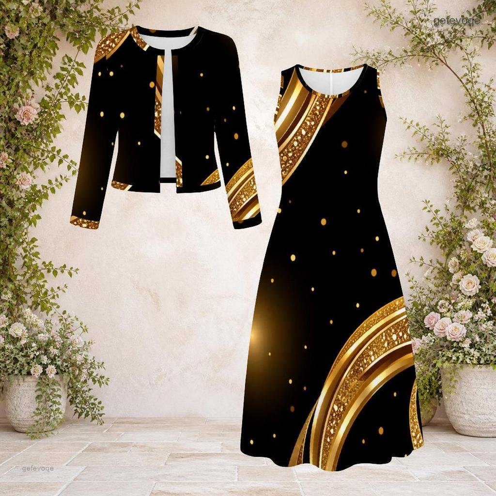 Women Plus Size Black Gold Printed Round Neck Long Sleeve Cropped Cardigan Two Piece Dress Set