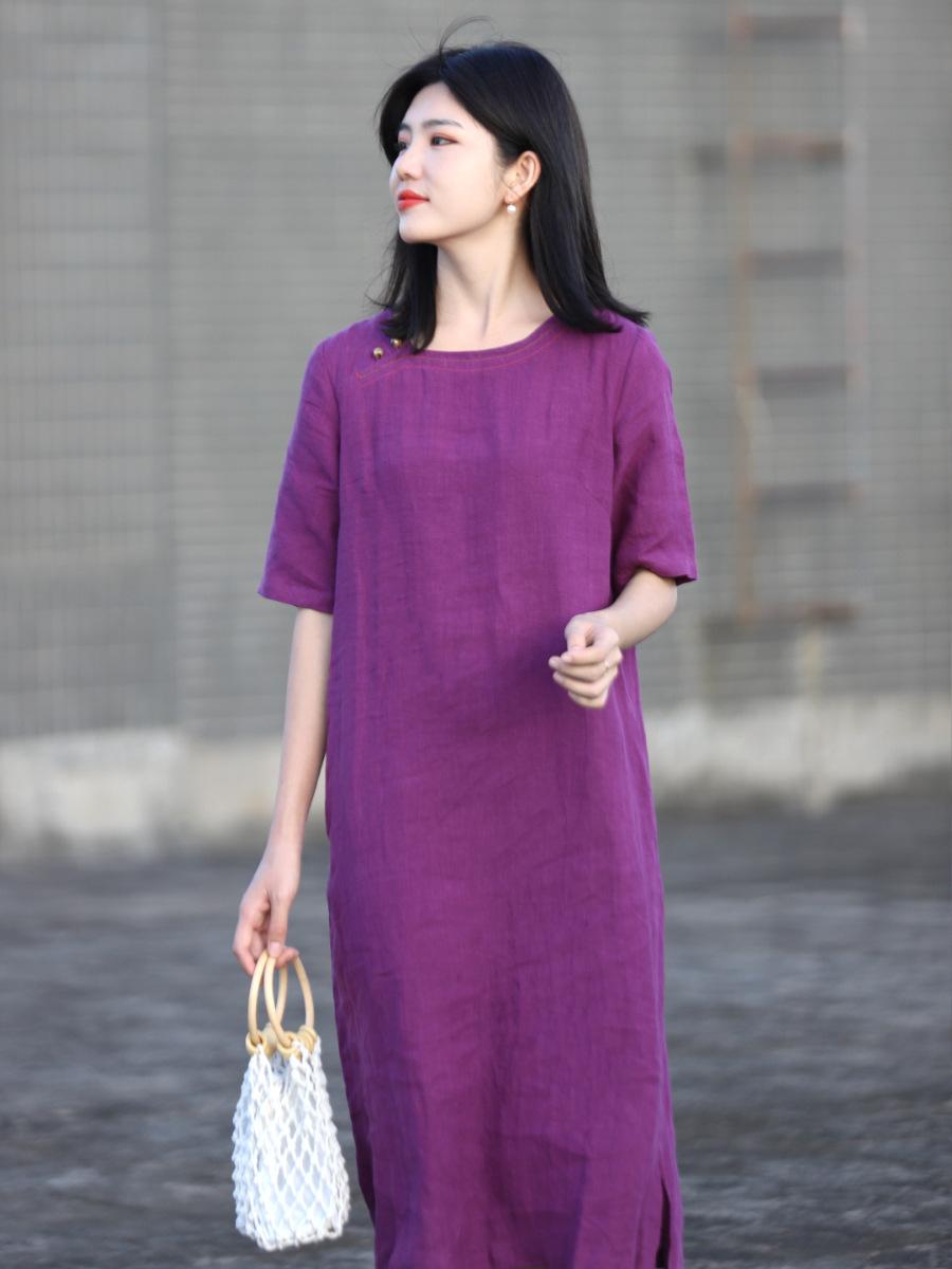 

Cotton and linen 2025 summer new purple small loose simple round neck short sleeve solid color dress children M фиолетовый
