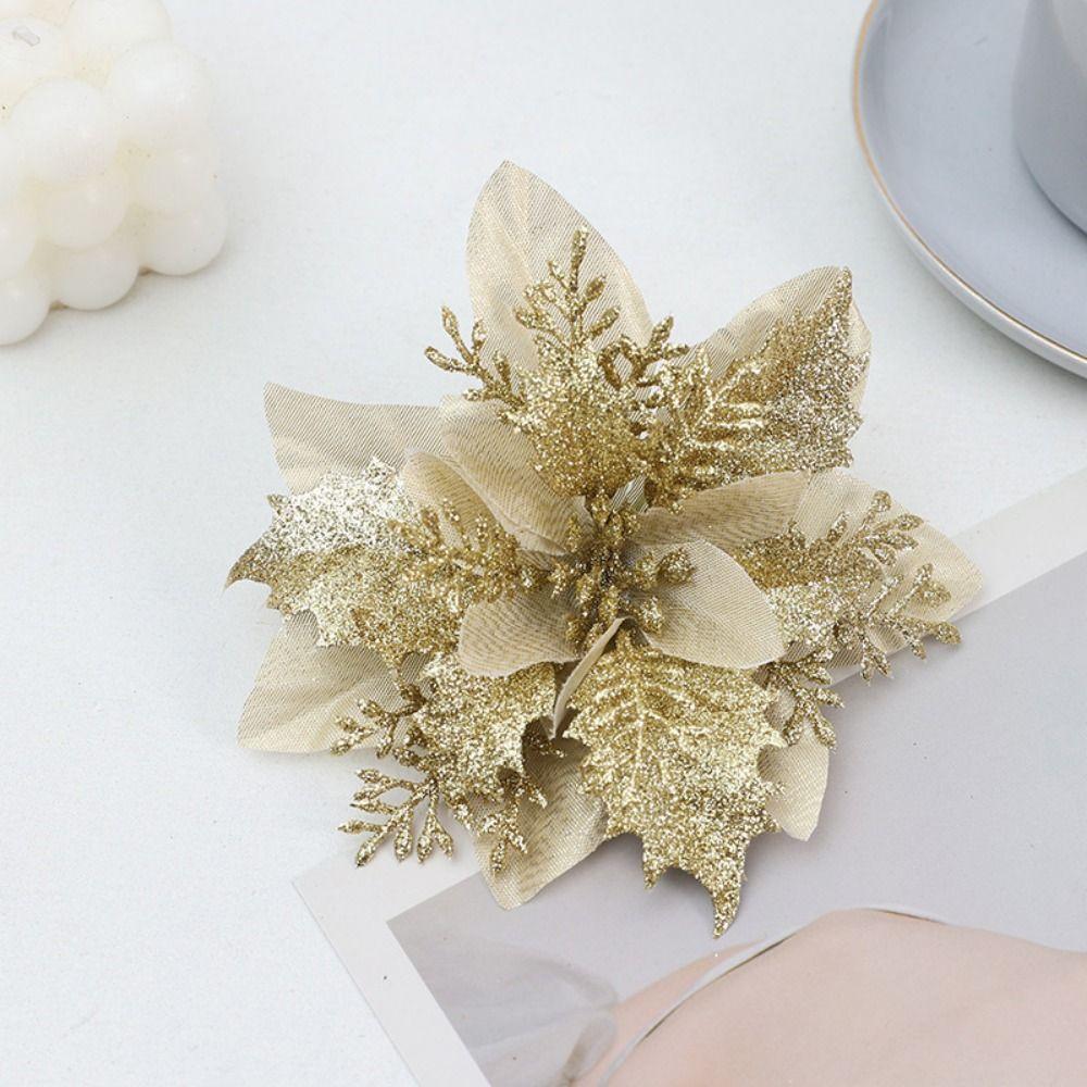 10Pcs Simulation Glitter Xmas Tree Ornaments Christmas Fake Flowers Pendant  Christmas Tree