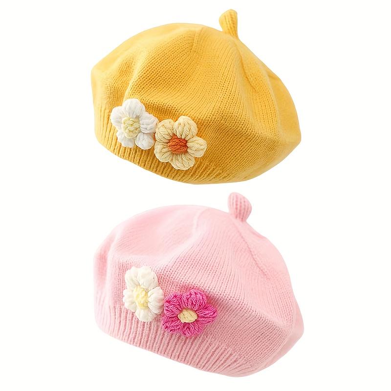 

2 шт. Детские береты, эластичная вязка, с милыми цветочными украшениями - Легкие, теплые, зимние, весенние, осенние шапочки во французском стиле 2pcs
