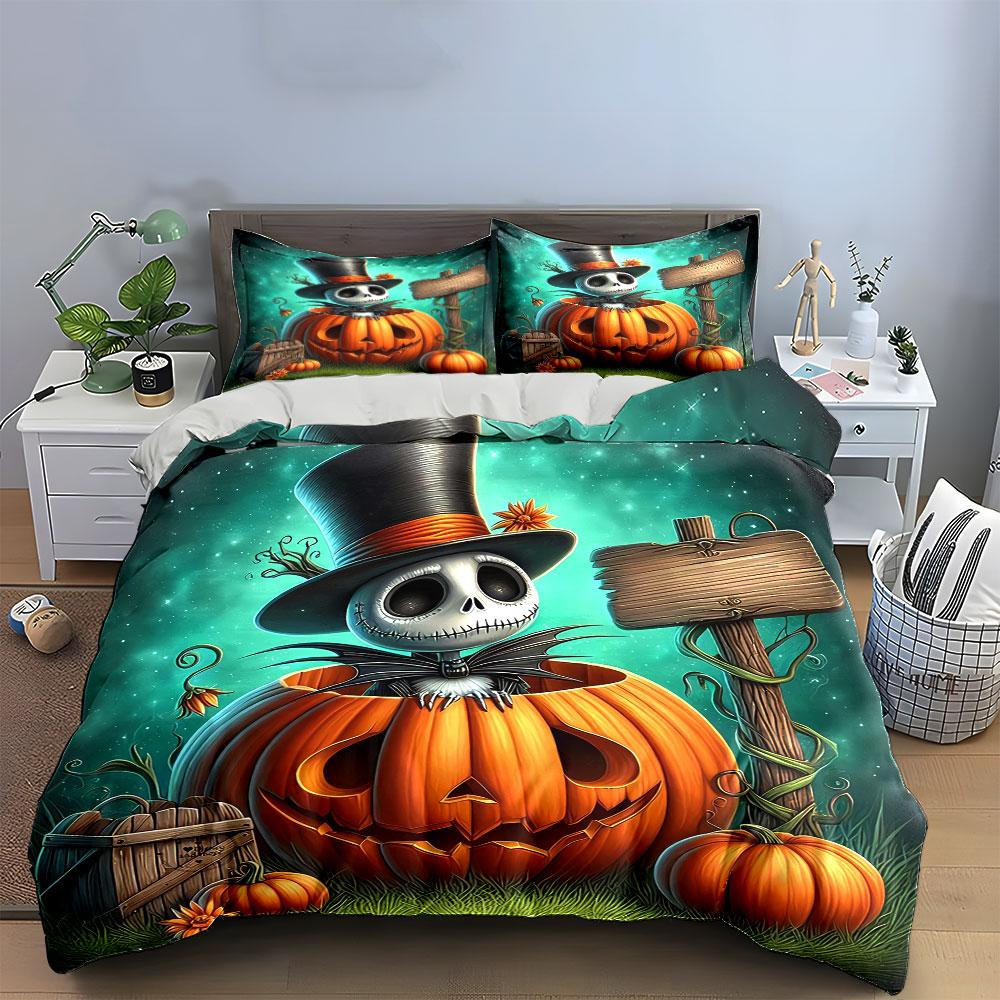 Halloween Skeleton in Pumpkin Bedding Duvet Cover Set Duvet Cover Pillowcases (1*Duvet Cover 2*Pillowcases, without duvet insert)